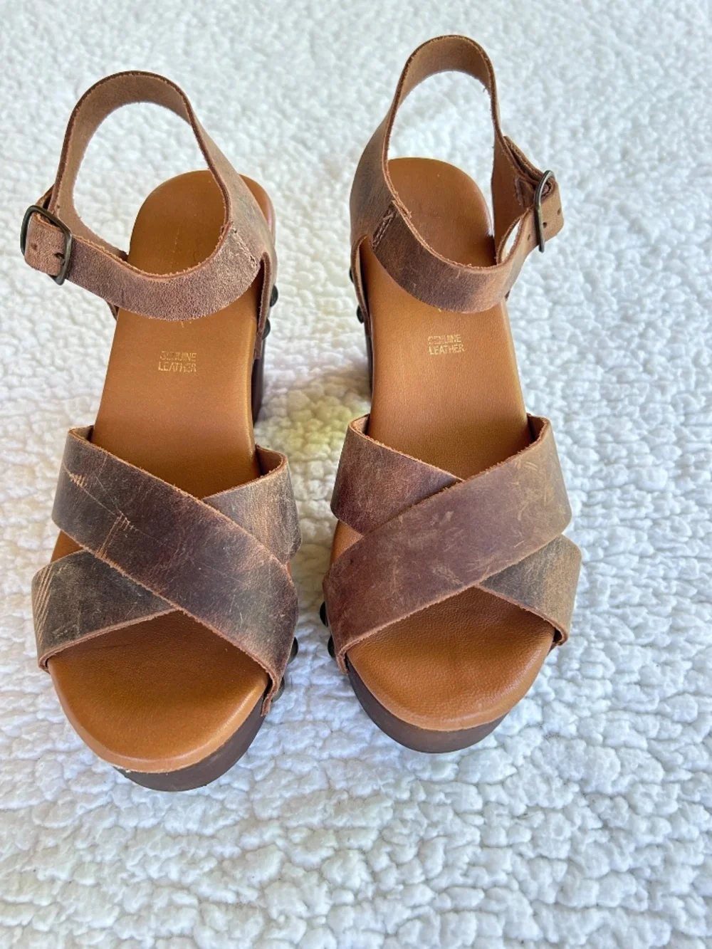 Brown Leather Boho Platform Clog Sandals Heels EU 38/US 8.5-9